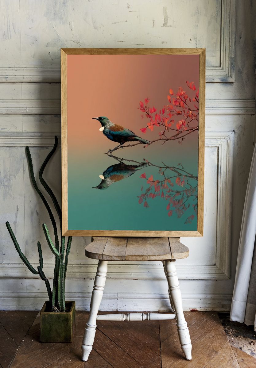 Mirrored Bird Branch Print. room preview