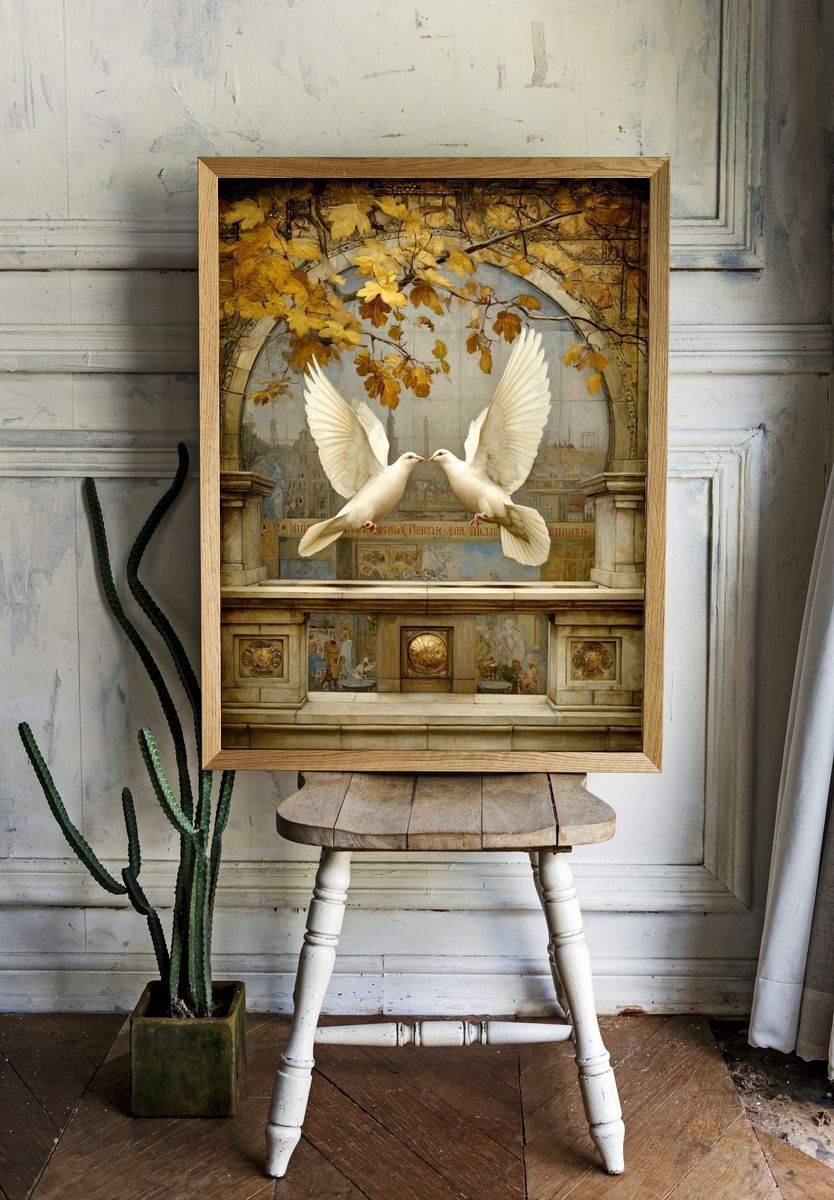 Doves in Autumn Arch Poster. room preview