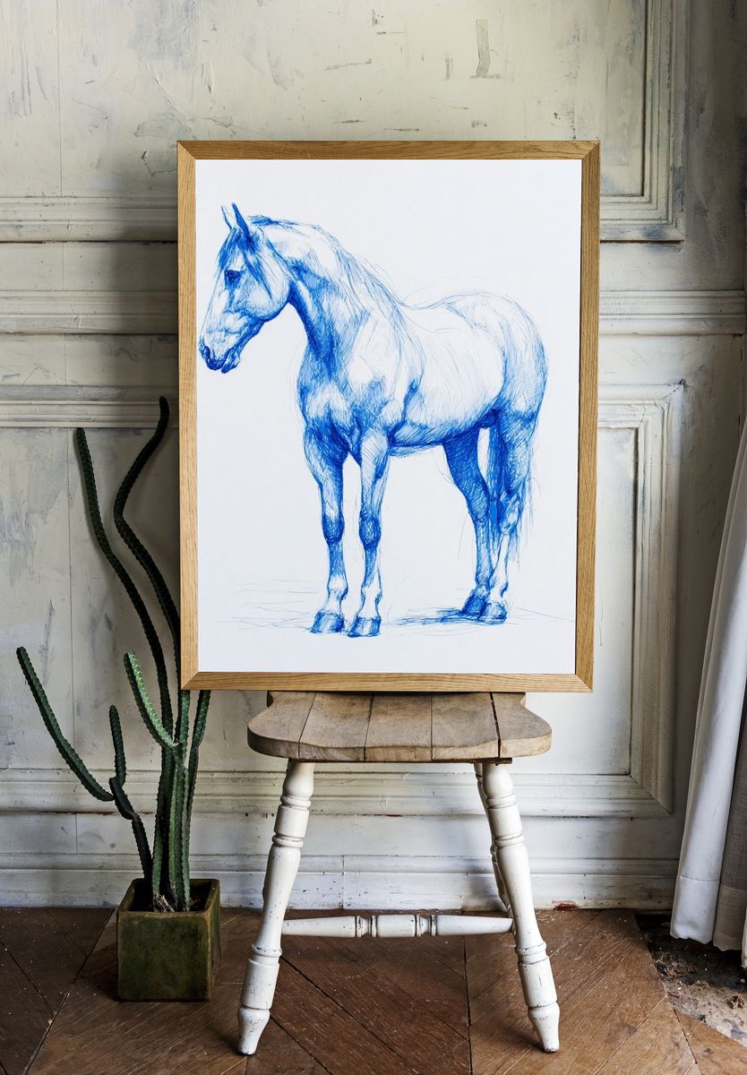 Blue Horse Sketch Illustration Poster. room preview