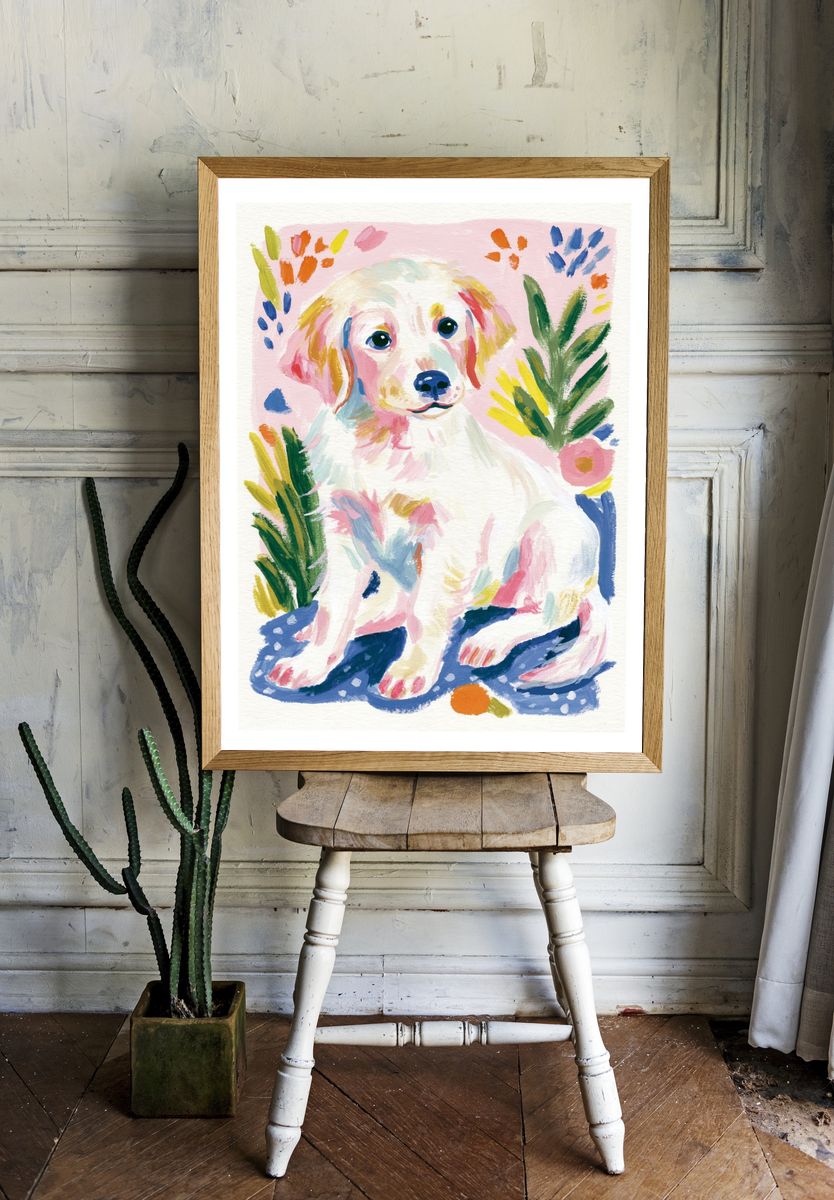 Colorful Puppy Watercolor Poster. room preview