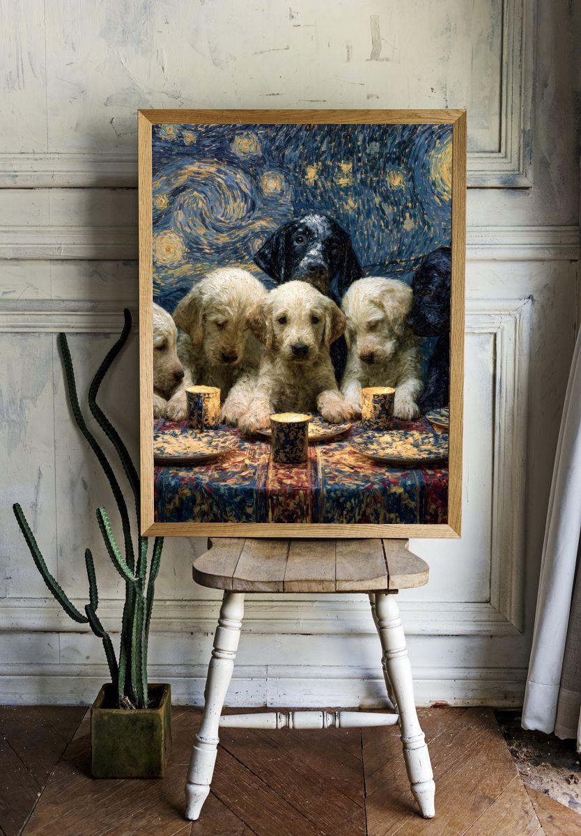Starry Night Puppies Illustration Poster. room preview
