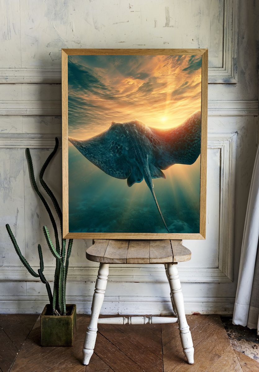 Sunlit Stingray Underwater Poster. room preview