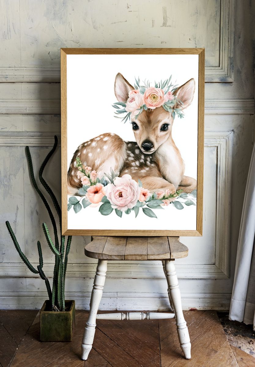 Floral Fawn Watercolor Poster. room preview