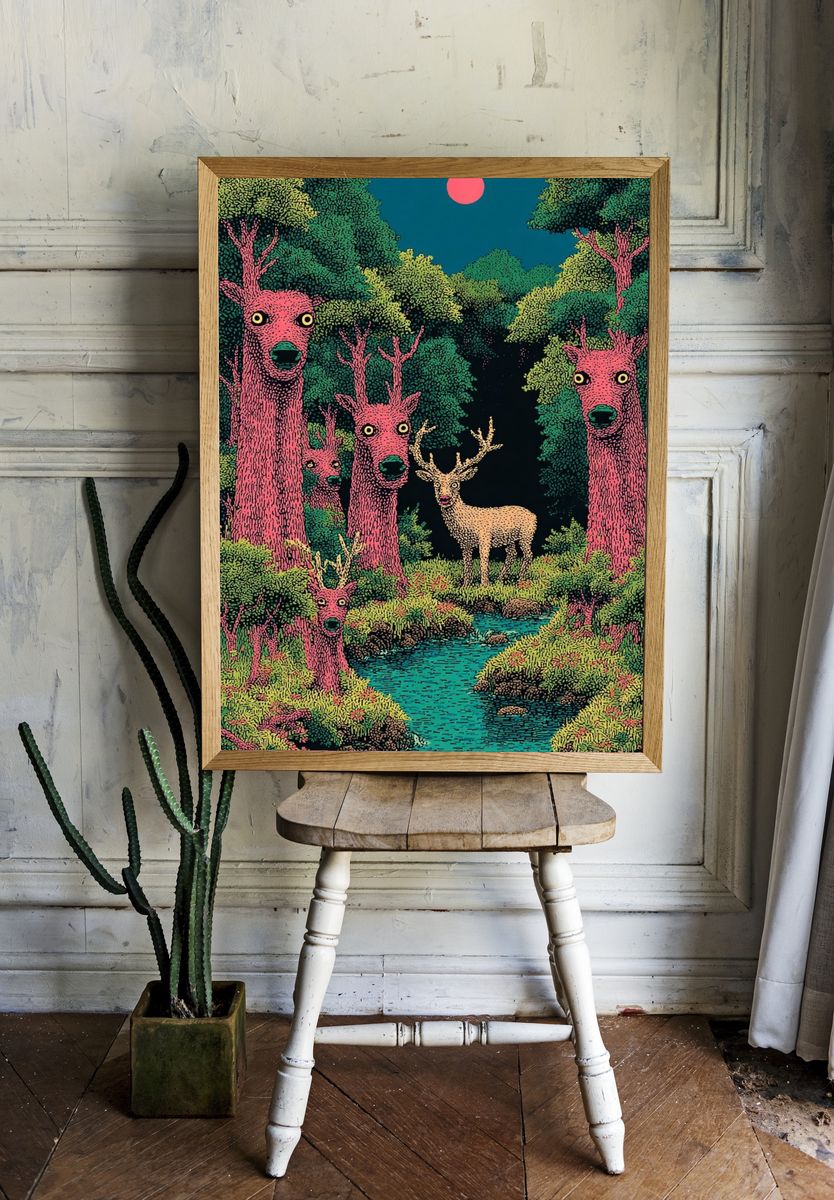 Surreal Deer Forest Illustration Poster. room preview