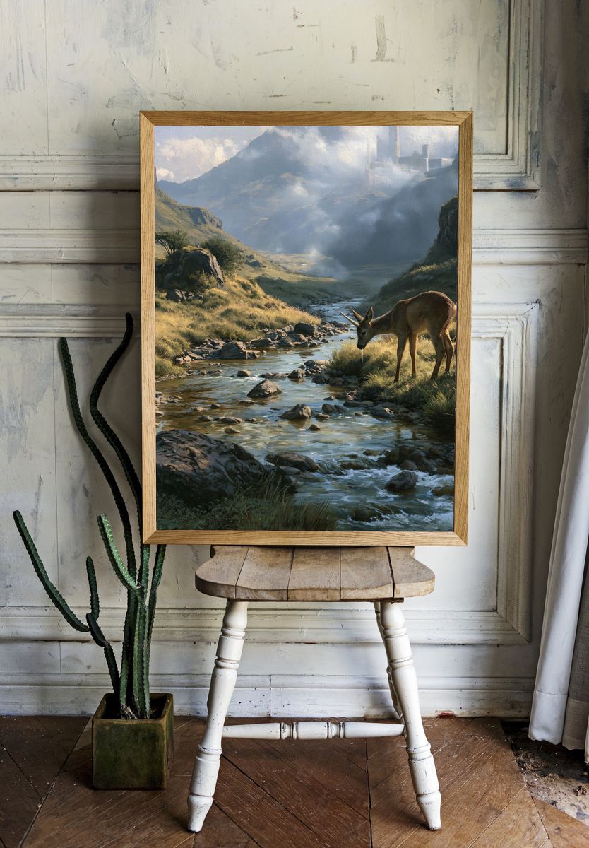 Deer by Mountain Stream Poster. room preview