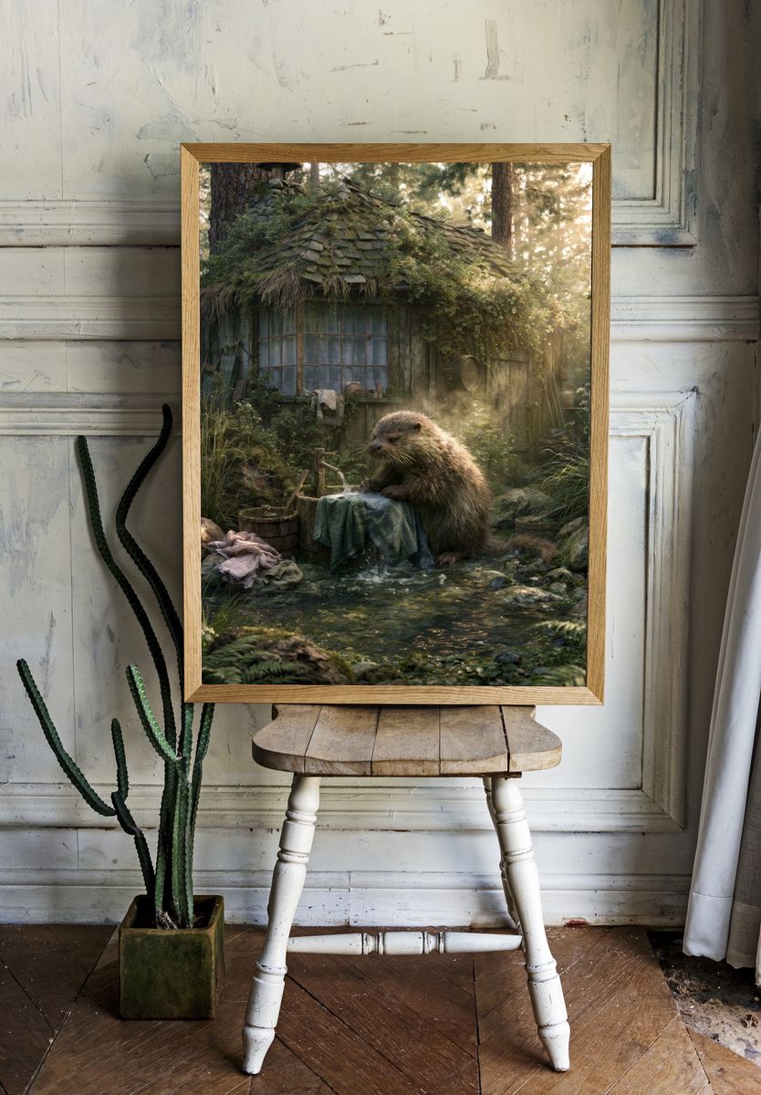 Forest Otter Cottage Illustration Poster. room preview
