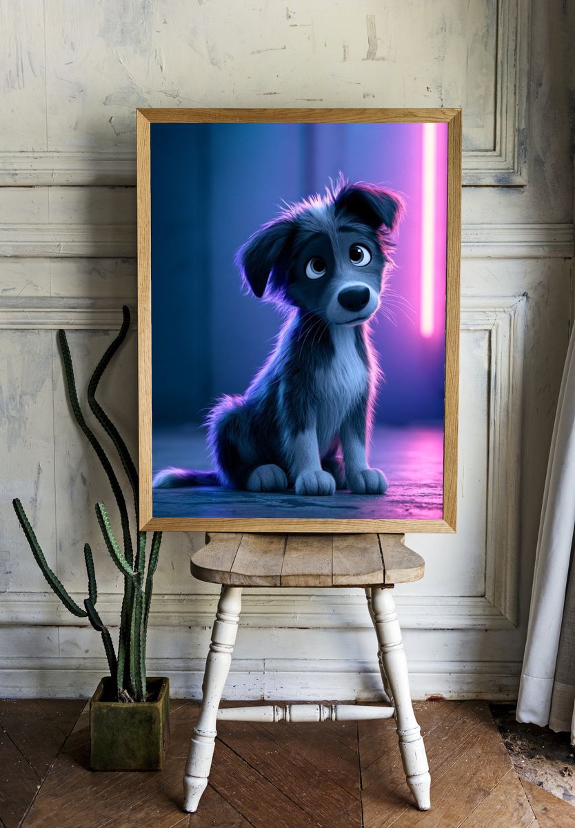Neon Puppy Portrait Print. room preview