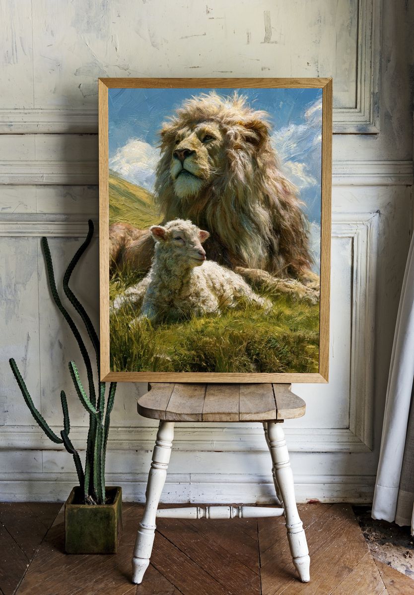Lion and Lamb Meadow Illustration Poster. room preview