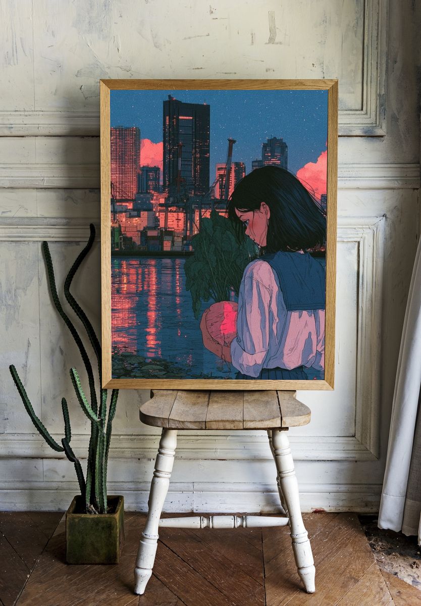 City Girl at Dusk Illustration Poster. room preview