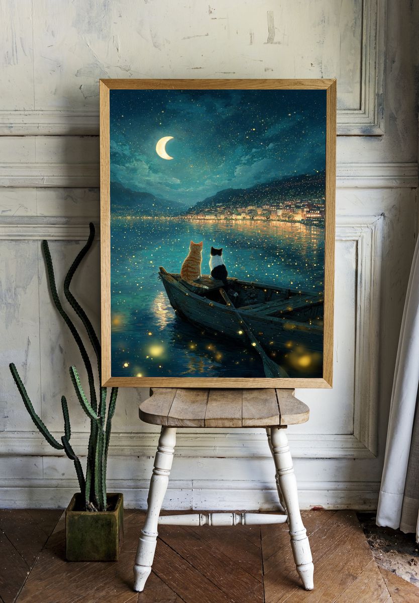 Moonlit Cats by the Lake Poster. room preview