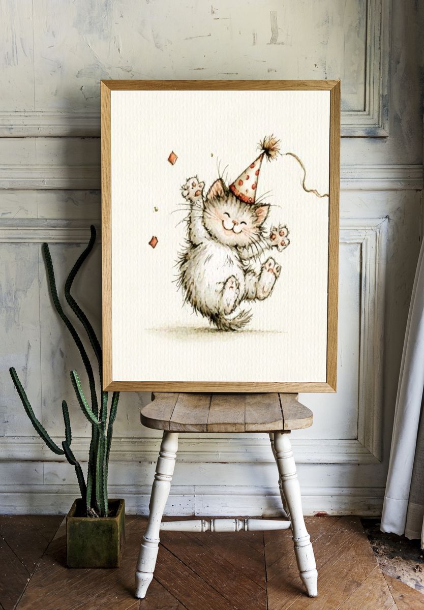 Party Cat Watercolor Print. room preview