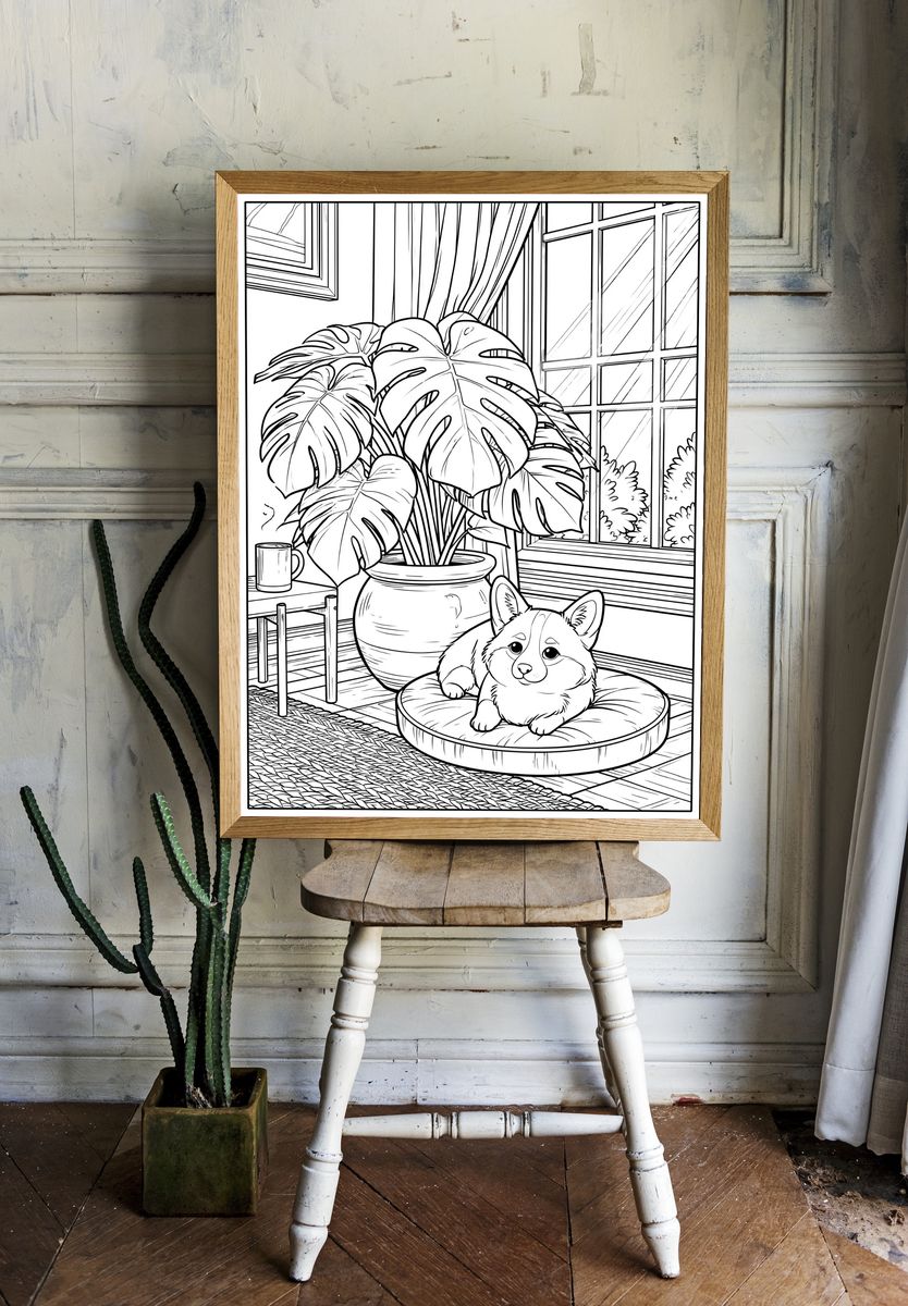 Corgi and Monstera Line Art Poster. room preview