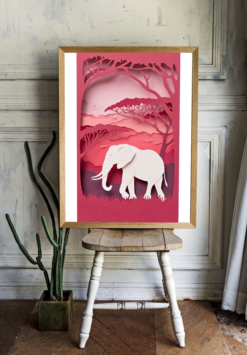 Elephant Silhouette Papercut Poster. room preview