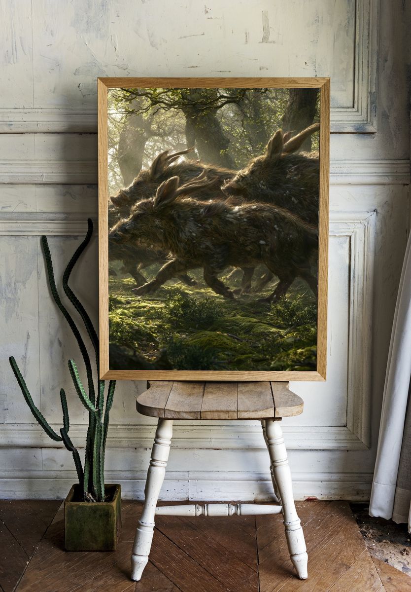 Wild Boar Run Forest Illustration Poster. room preview