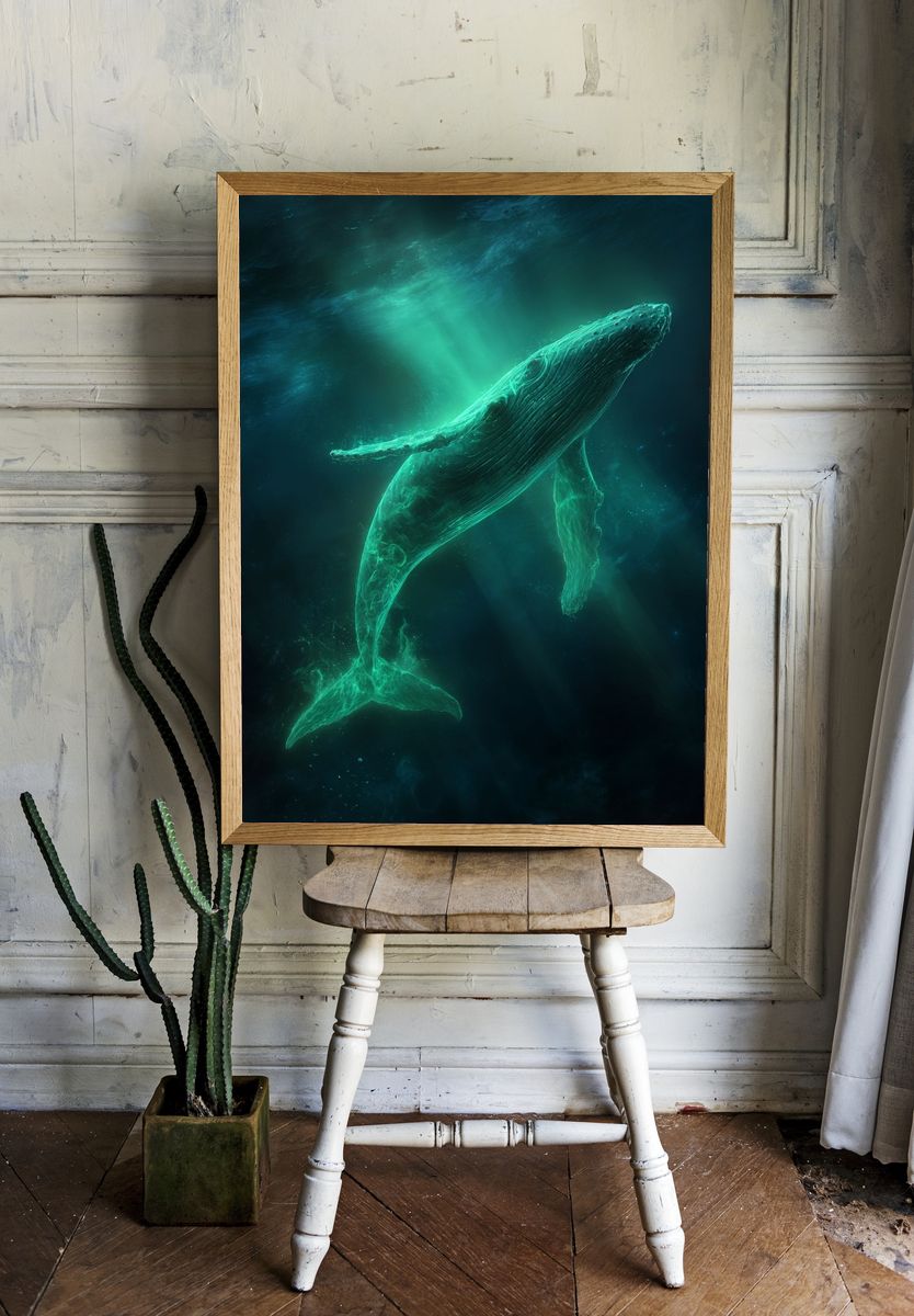 Glowing Humpback Whale Digital Art Poster. room preview