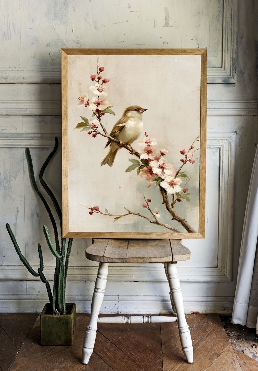 Bird on Blossom Branch Fine-Art Print. room preview