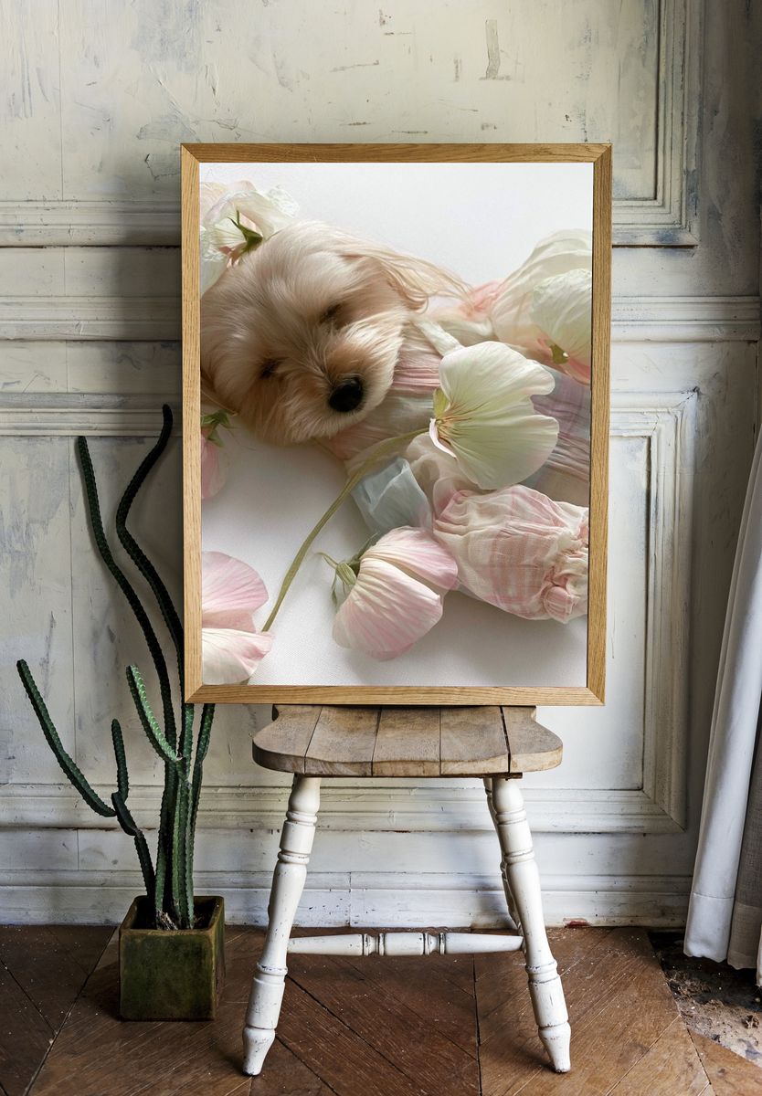 Floral Puppy Portrait Print. room preview