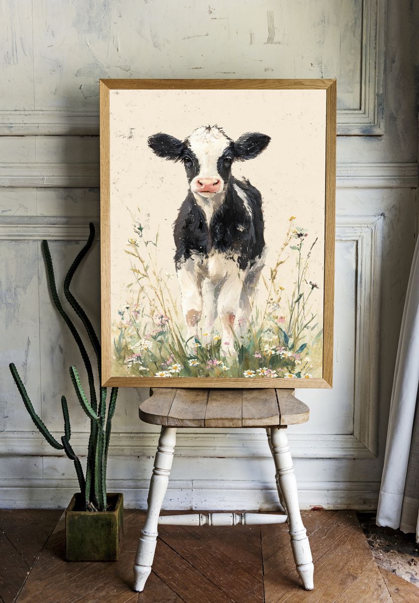 Calf in Wildflowers Watercolor Poster. room preview