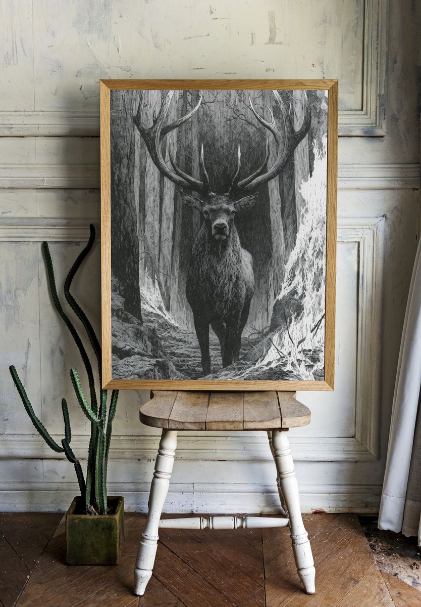 Majestic Stag Forest Print. room preview