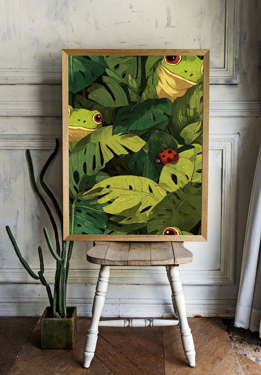 Hidden Frogs Tropical Illustration Poster. room preview