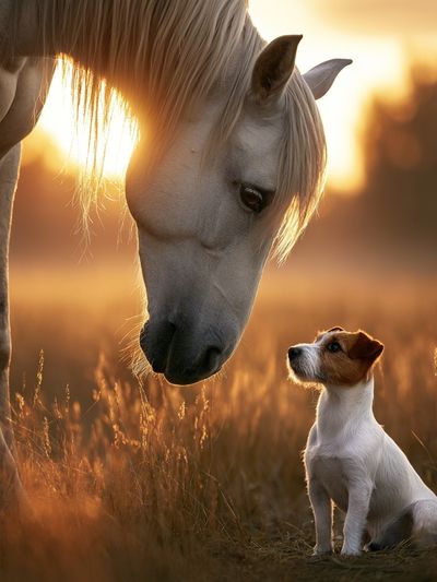 Horse and Dog Sunset Photography Poster.
