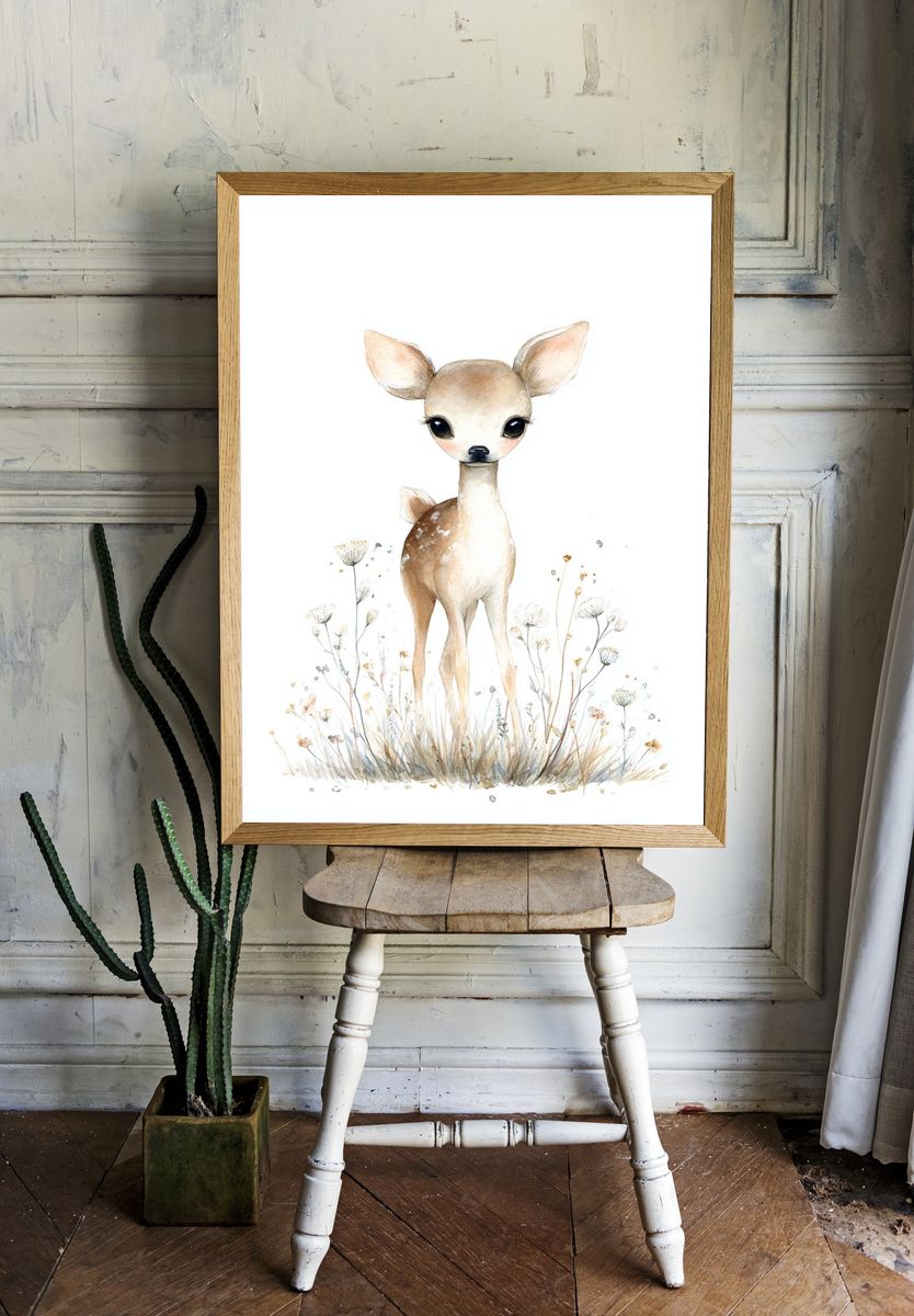 Baby Deer Watercolor Print. room preview