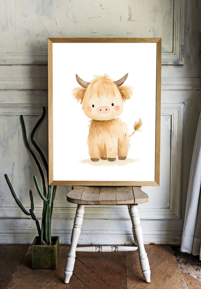 Cute Highland Cow Watercolor Poster. room preview