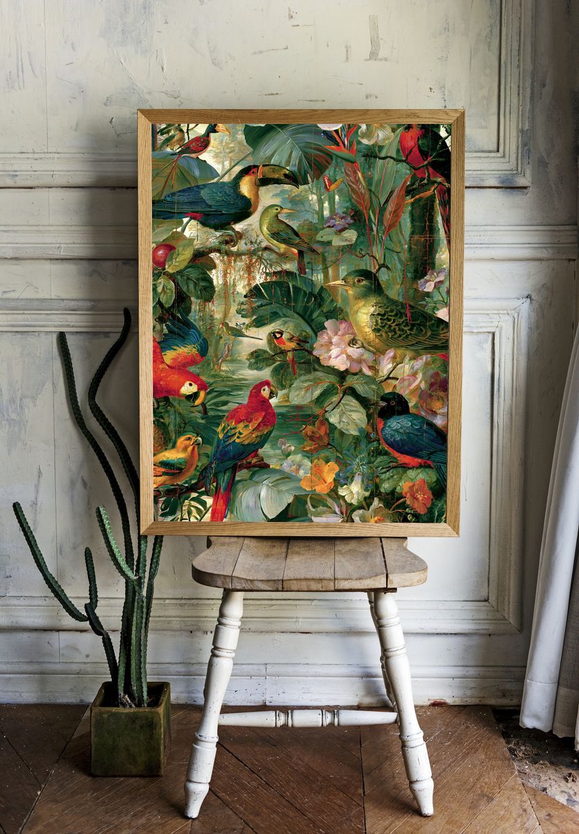 Tropical Birds Botanical Print. room preview