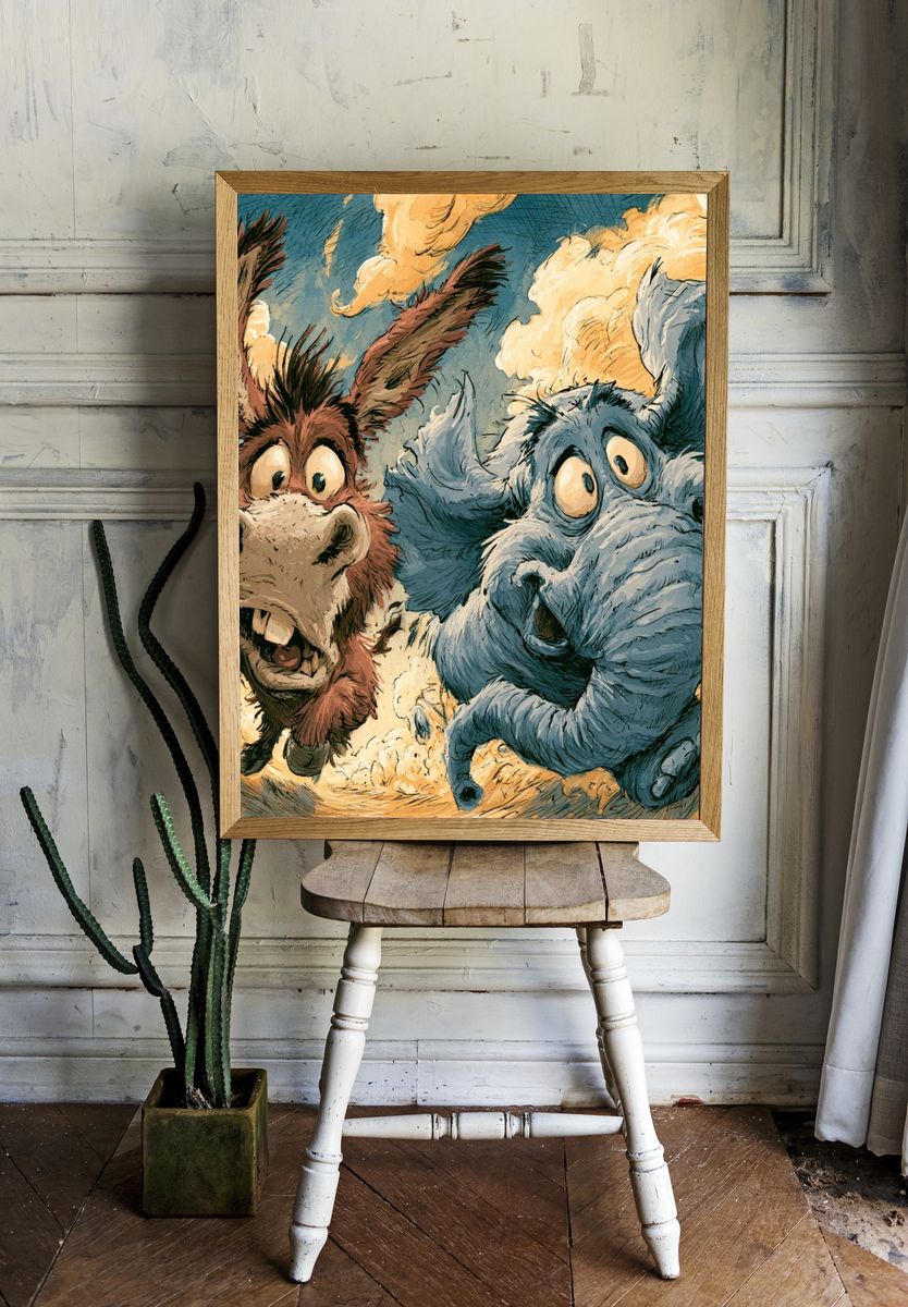 Flying Donkey Duo Illustration Poster. room preview