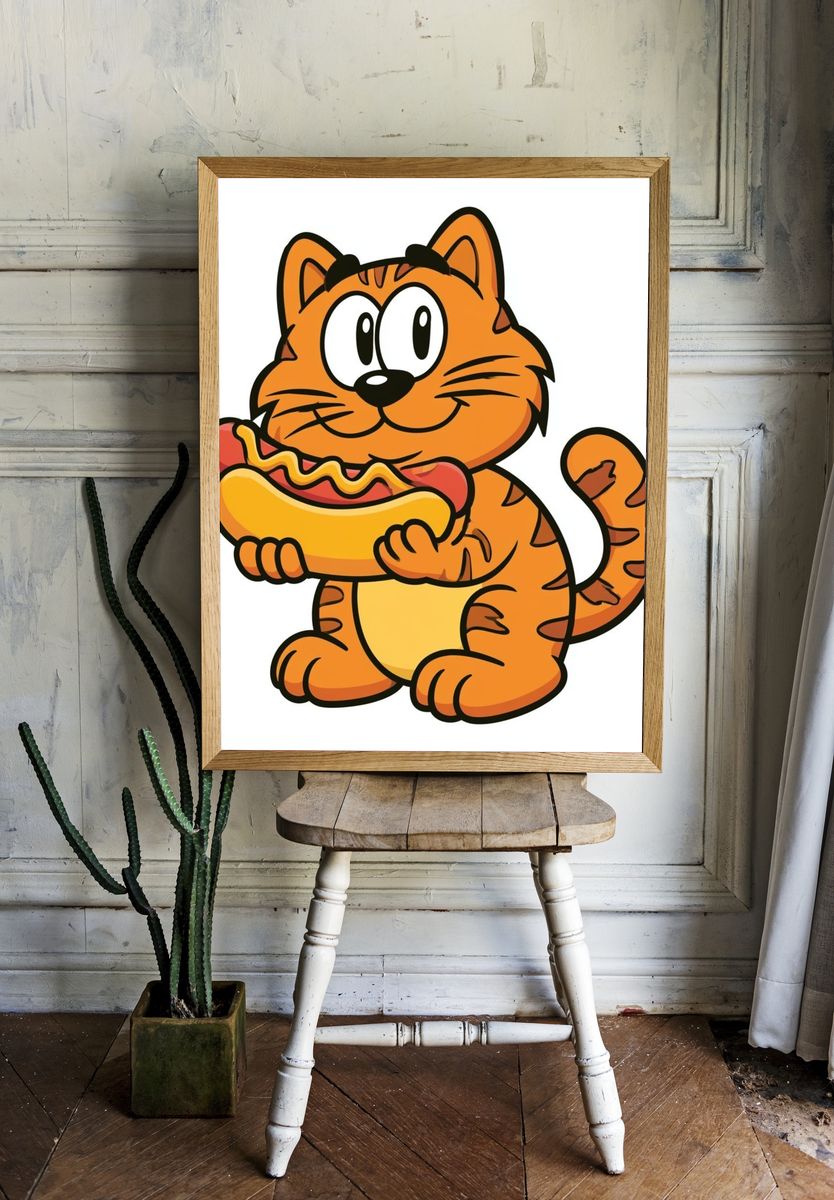 Hot Dog Cat Cartoon Poster. room preview