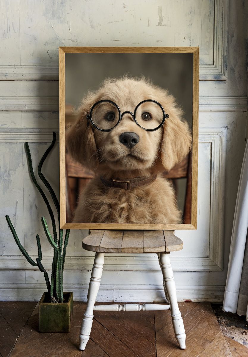 Puppy with Glasses Photography Poster. room preview