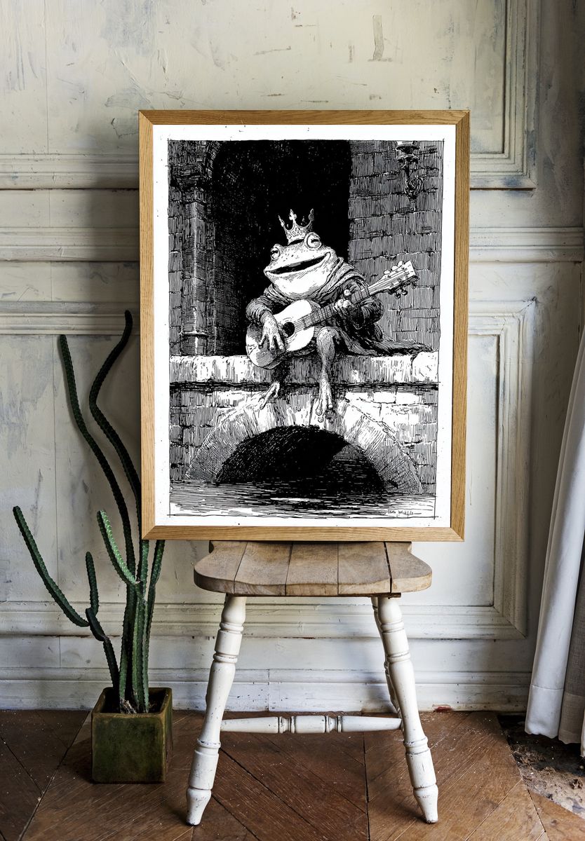 Crowned Frog Guitarist Print. room preview