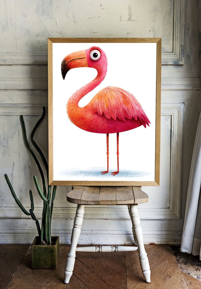 Pink Flamingo Watercolor Print. room preview