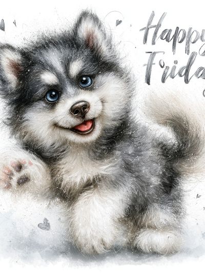 Happy Friday Husky Puppy Print.