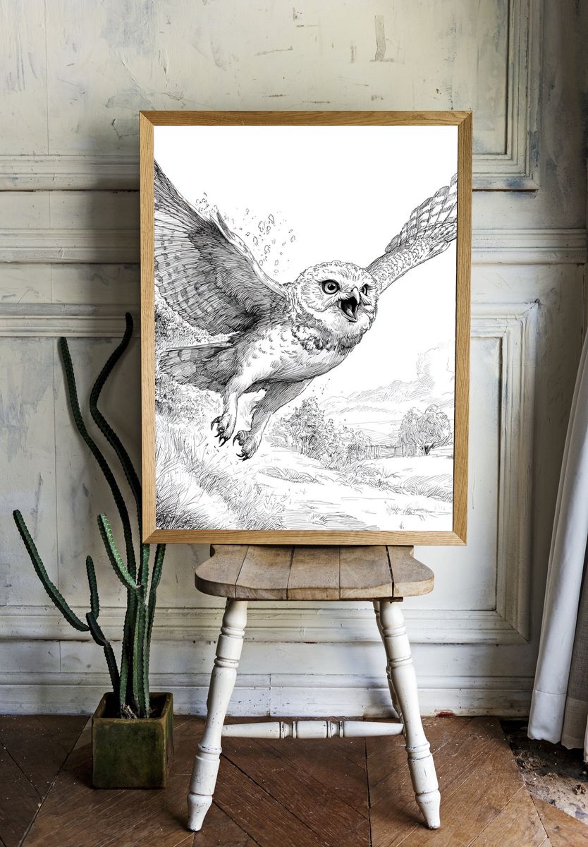 Flying Owl Ink Illustration Poster. room preview