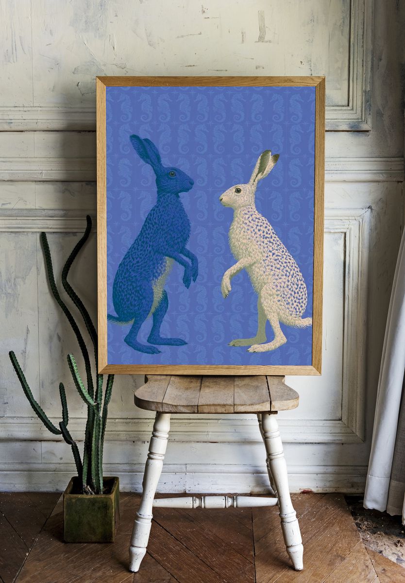Blue and White Hares Illustration Poster. room preview