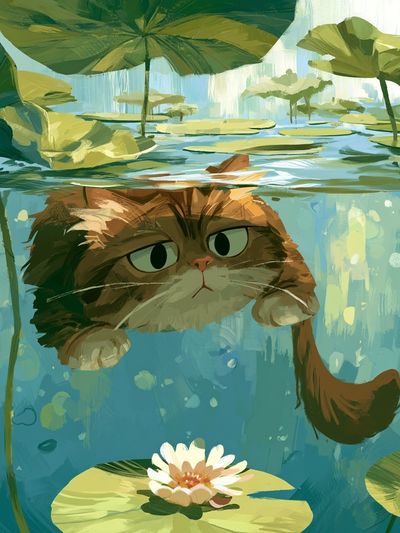 Cat in Lily Pond Illustration Poster.
