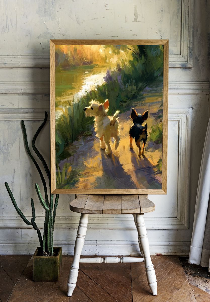 Dogs on Sunlit Path Illustration Poster. room preview