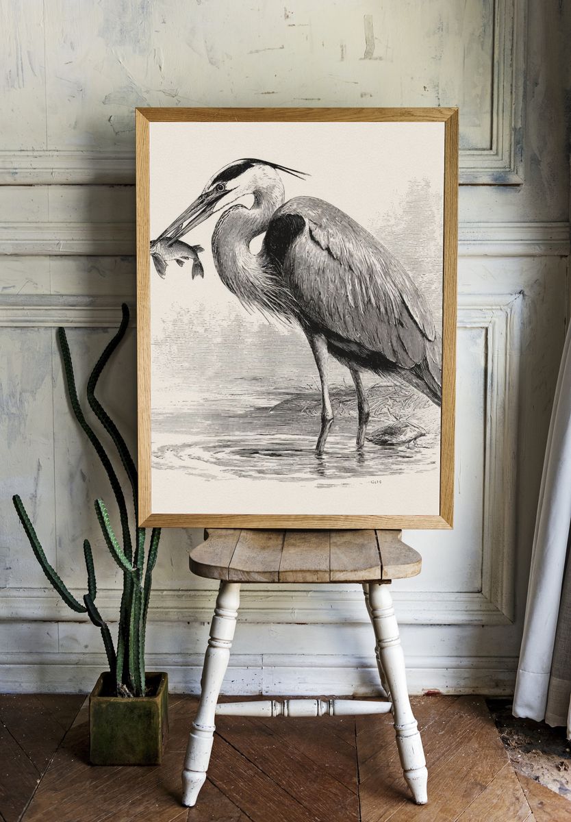 Heron Fishing Ink Print. room preview