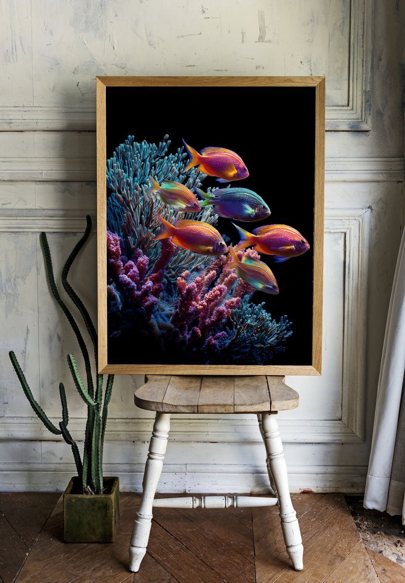 Neon Coral Reef Fish Print. room preview