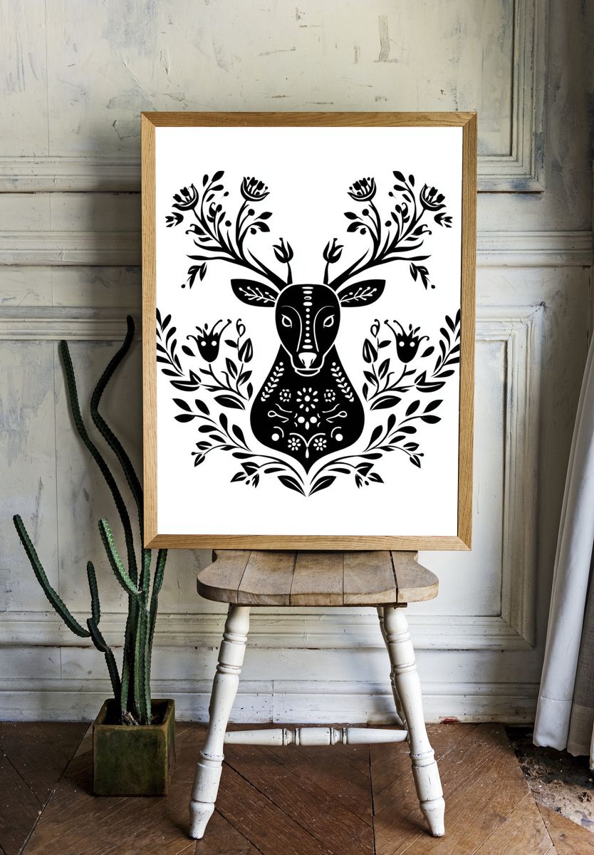 Floral Deer Line Art Poster. room preview