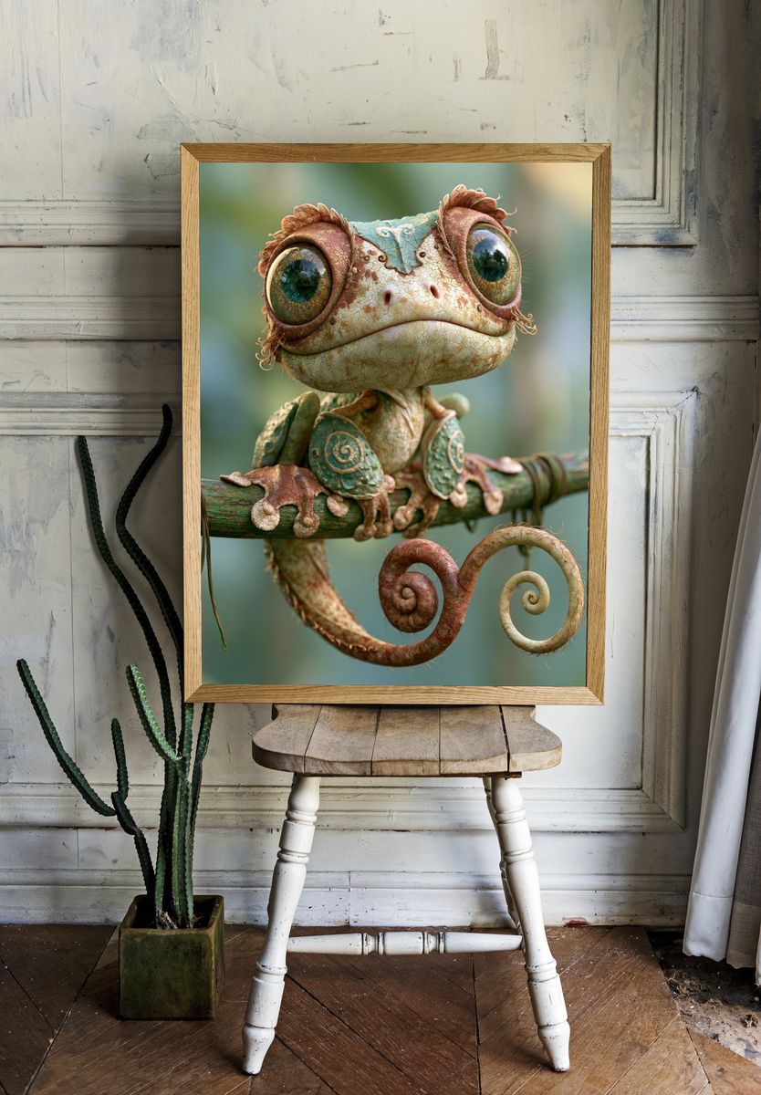 Whimsical Chameleon Portrait Print. room preview