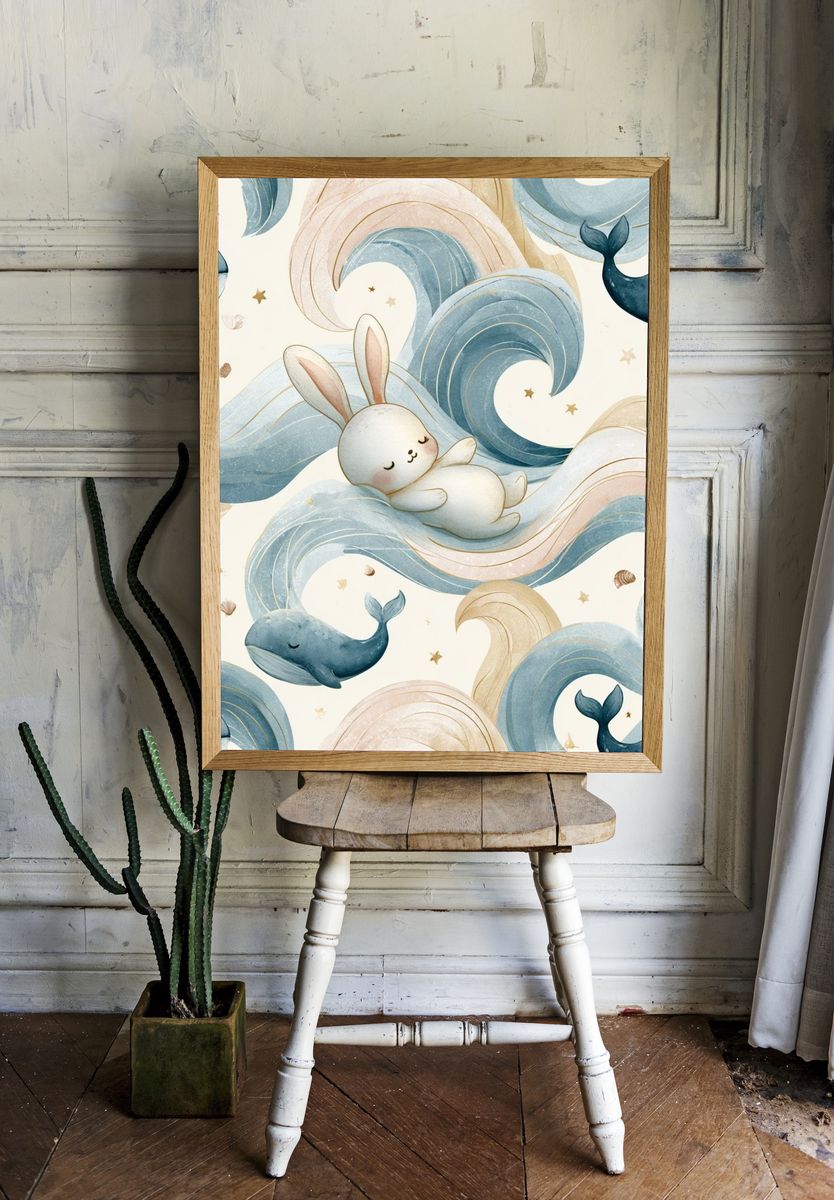 Whale and Bunny Nursery Print. room preview