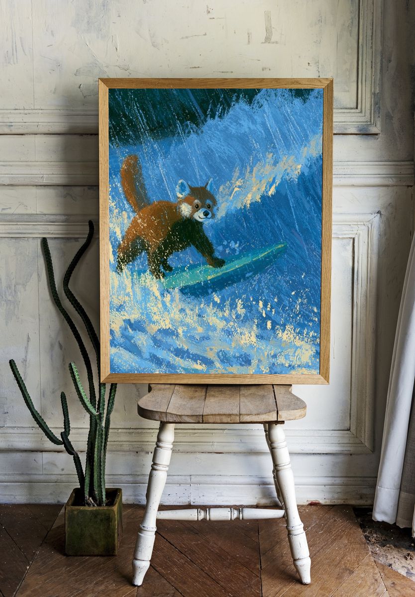Surfing Red Panda Illustration Poster. room preview