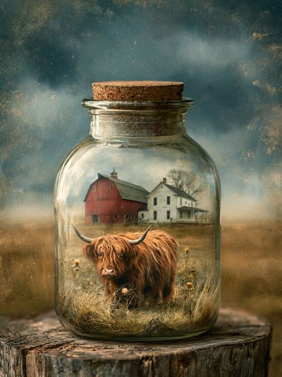Highland Cow in Jar Illustration Poster.