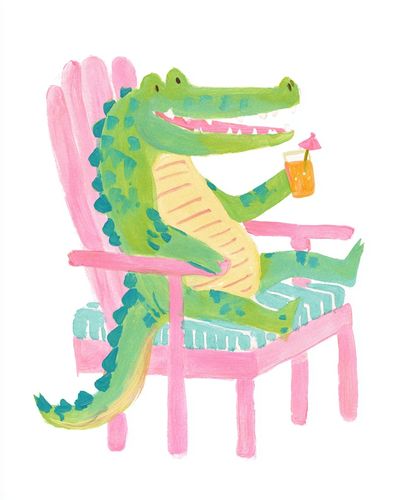Crocodile in Pink Chair Illustration Poster.