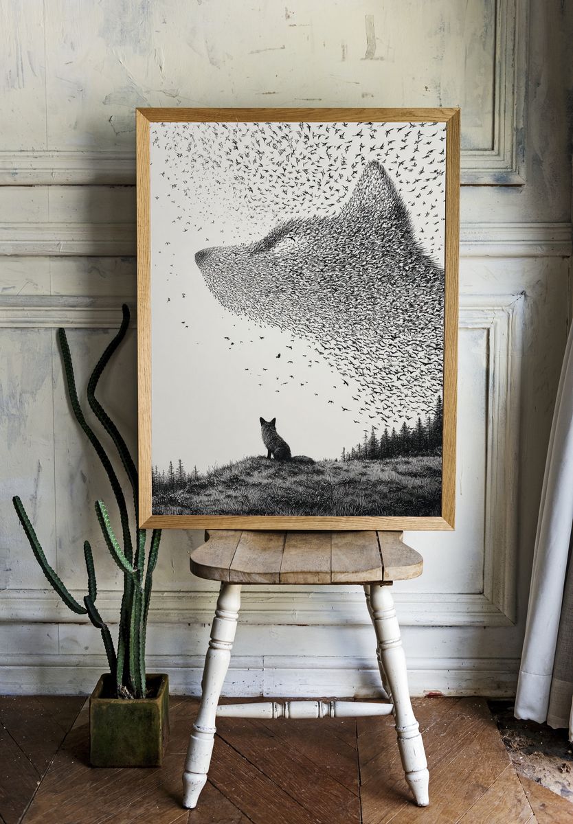 Fox and Bird Swarm Ink Print. room preview