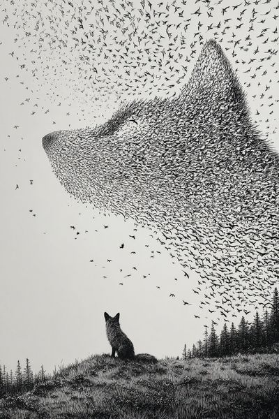 Fox and Bird Swarm Ink Print.
