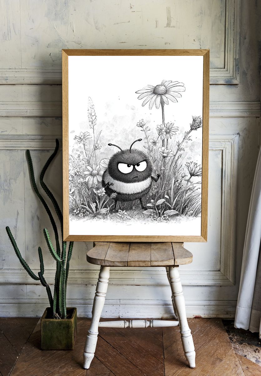 Grumpy Bee in Wildflowers Print. room preview