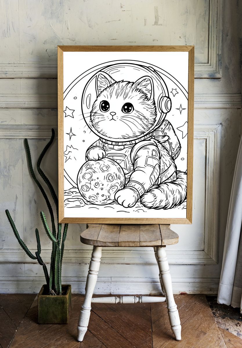 Astronaut Cat Coloring Poster. room preview